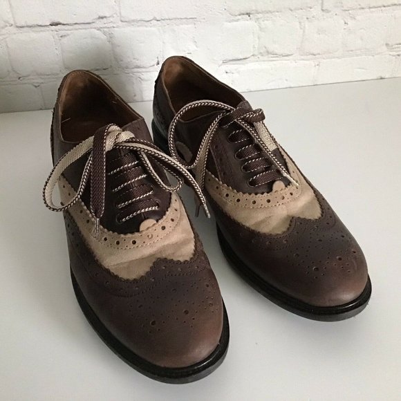 Bata Two Tone Perforated Wingtip Leather Oxfords EU 40 Brown Tan Lug Sole - Picture 3 of 10